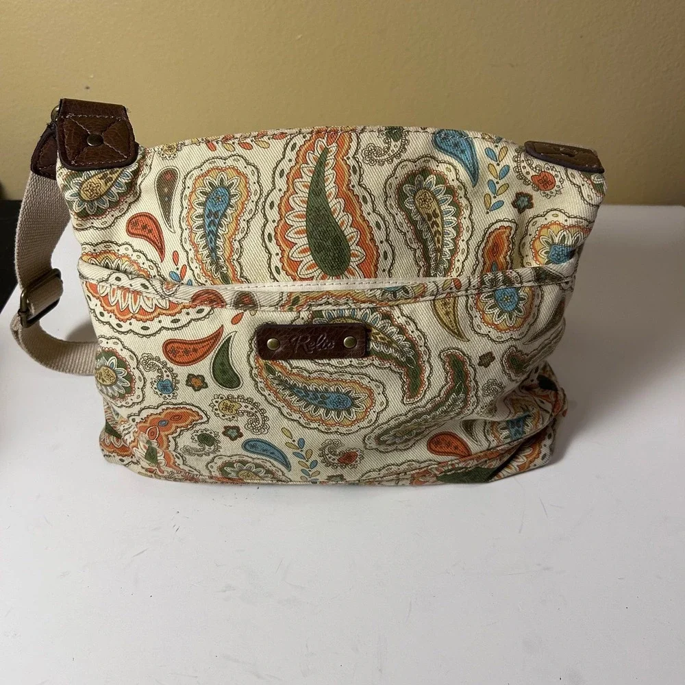 Relic Paisley Canvas‎ Crossbody Bag Tan Orange Blue Green Adjustable Strap